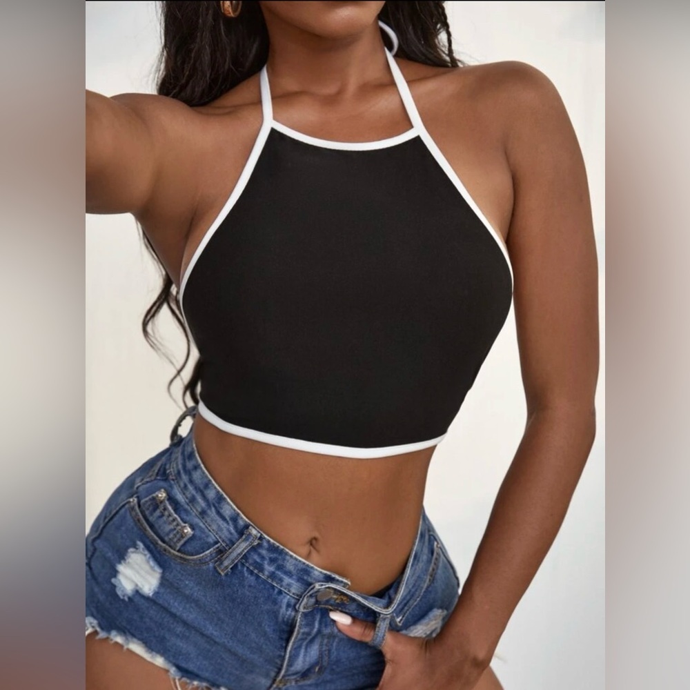 SHEIN Black & White Contrast Halter Crop Top Size Medium Backless Tie Back